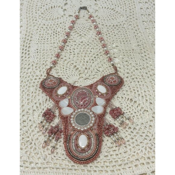 Handmade Bohemian Beaded Statement Necklace‎ With Pink & White Beads - Picture 2 of 6